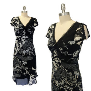 Vintage 2000s Black Midi Dress Size 10P Black Asian Print Beyer Y2K Bias Slip